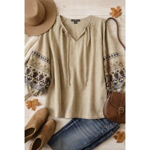 Olivia & Martin Boho Embroidered Sleeve Blouse 1X Beige Peasant Top